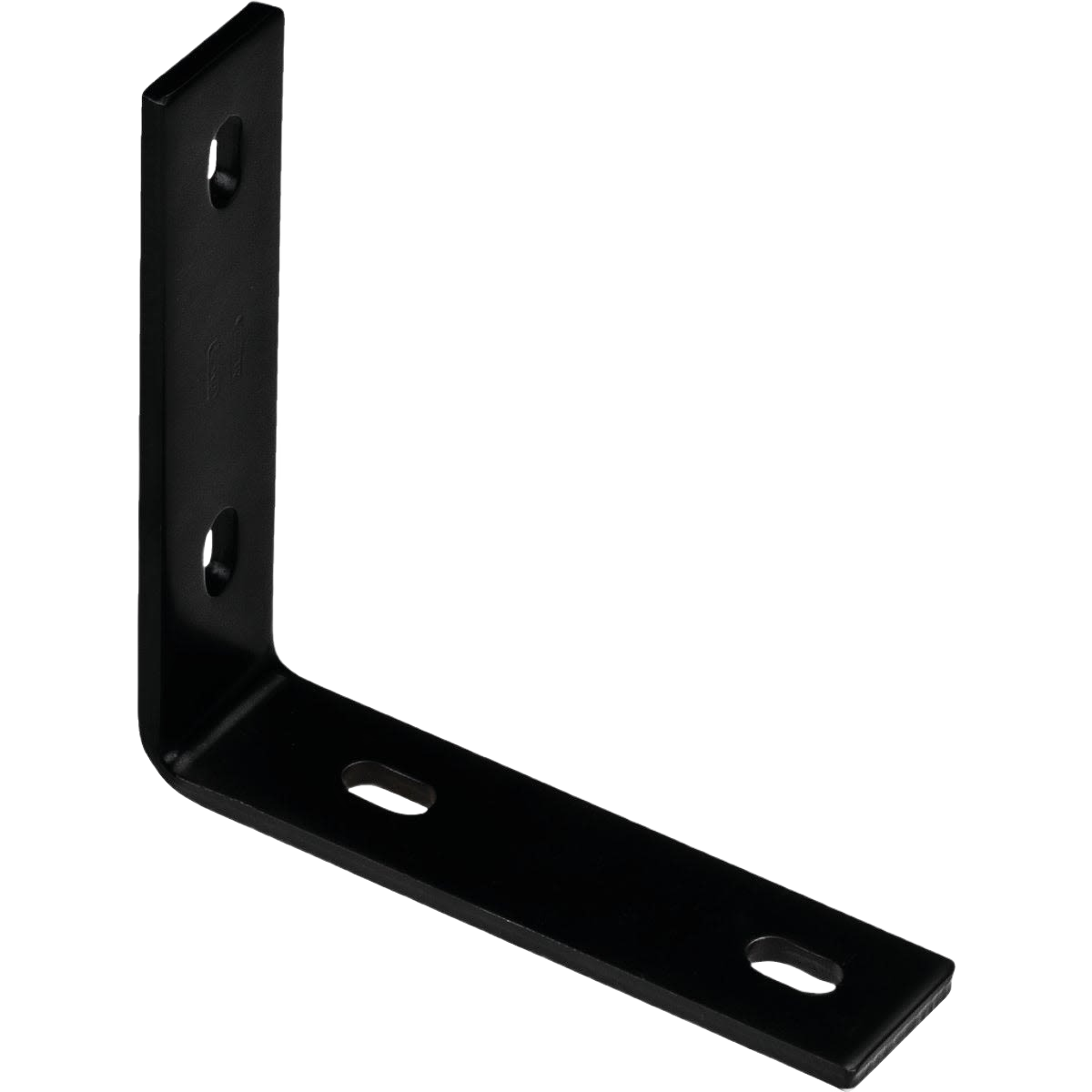 Black heavy-duty metal corner brace with powder coat finish for lumber and building hardware support tasks