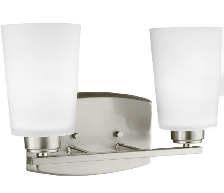 Brushed nickel two-light wall sconce with etched glass shades for bathroom and vanity lighting fixtures