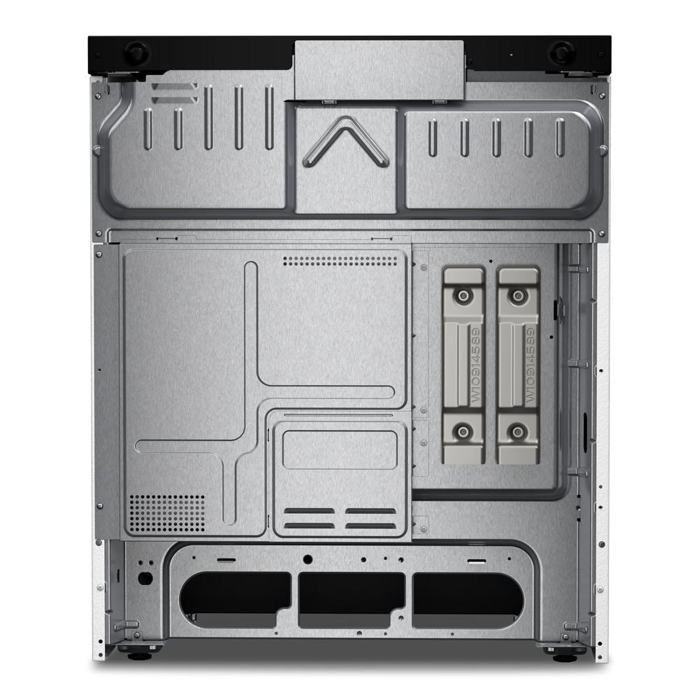 Back view of a stainless steel 30-inch electric smart range highlighting internal components and ventilation system
