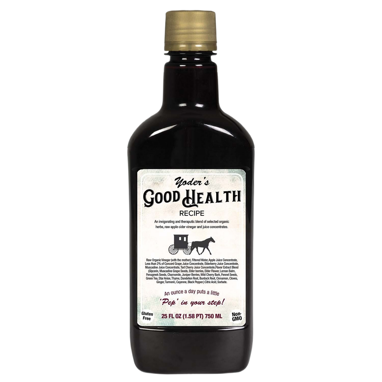 Dark glass bottle of Yoder’s Herbal Tonic with cream label and gold cap for natural health and wellness use