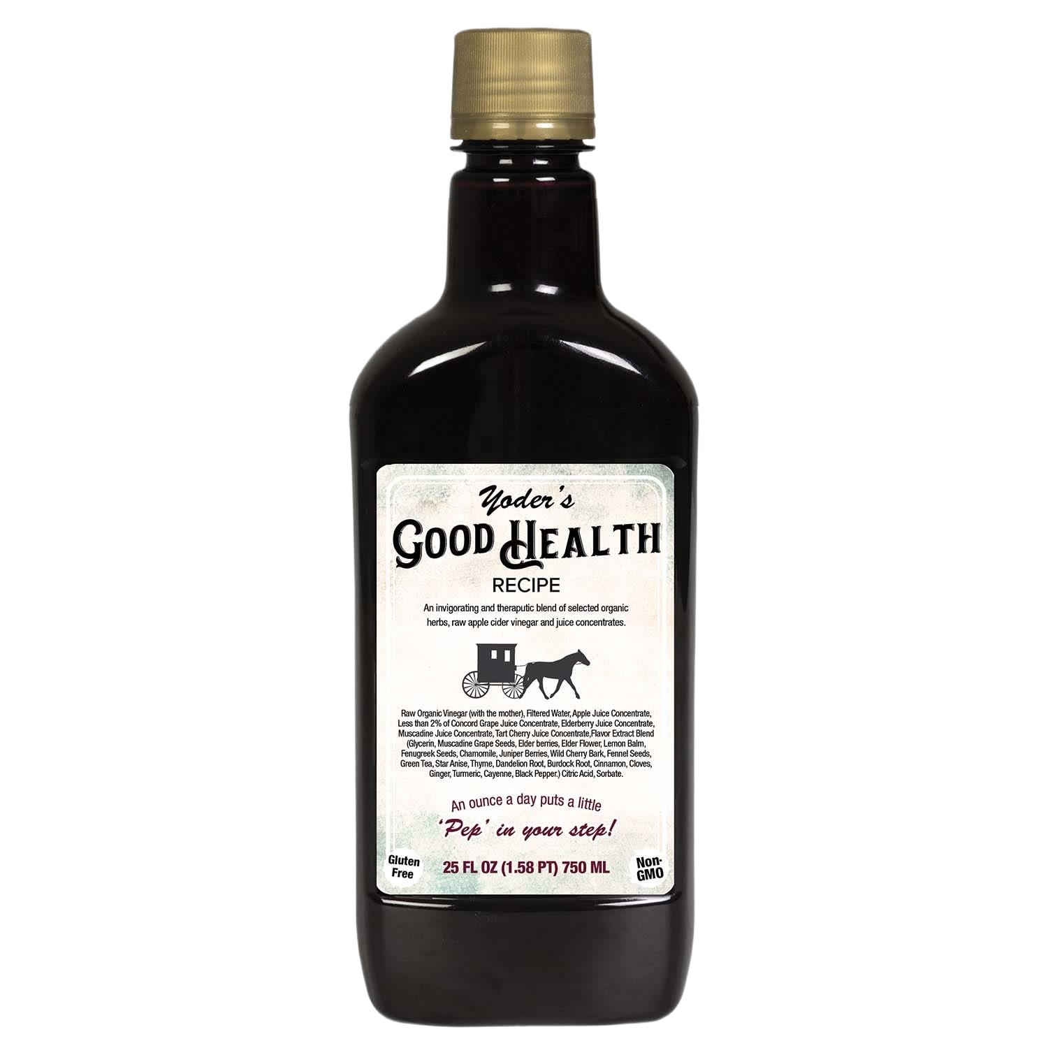 Dark glass bottle of Yoder’s Herbal Tonic with cream label and gold cap for natural health and wellness use