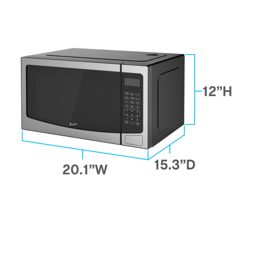 Compact black countertop microwave with digital keypad and clear display, suitable for small kitchens and apartments