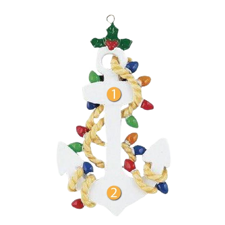 White anchor ornament wrapped in gold rope and multicolored Christmas lights for holiday tree decor under $50 collection