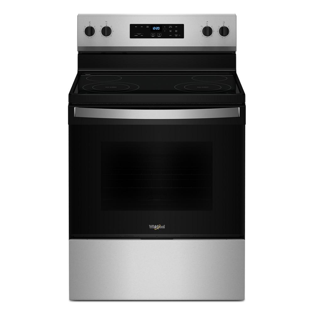 Front view of a stainless steel 30-inch electric range with smooth cooktop and digital control panel from Appliances collection