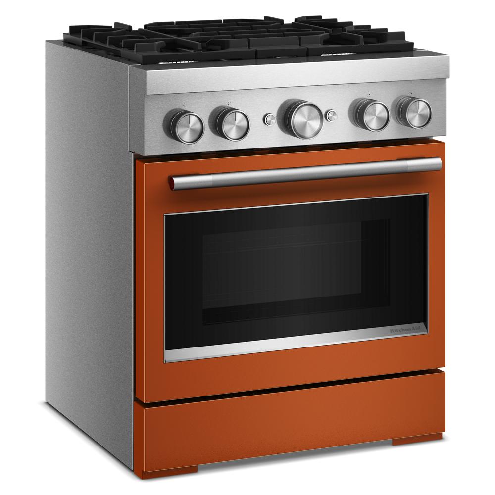 30-inch KitchenAid commercial-style dual fuel range with four burners and vibrant orange oven at Hartville Hardware