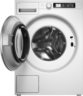 Front view of a white front load washing machine with an open door and digital display, featured in Front Load Washers, Washers, Appliances, and Washers & Dryers at Hartville Hardware.