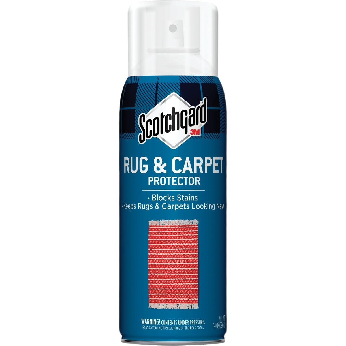 Blue spray can of carpet protector designed to block stains and maintain rugs in floor care and cleaning supplies.