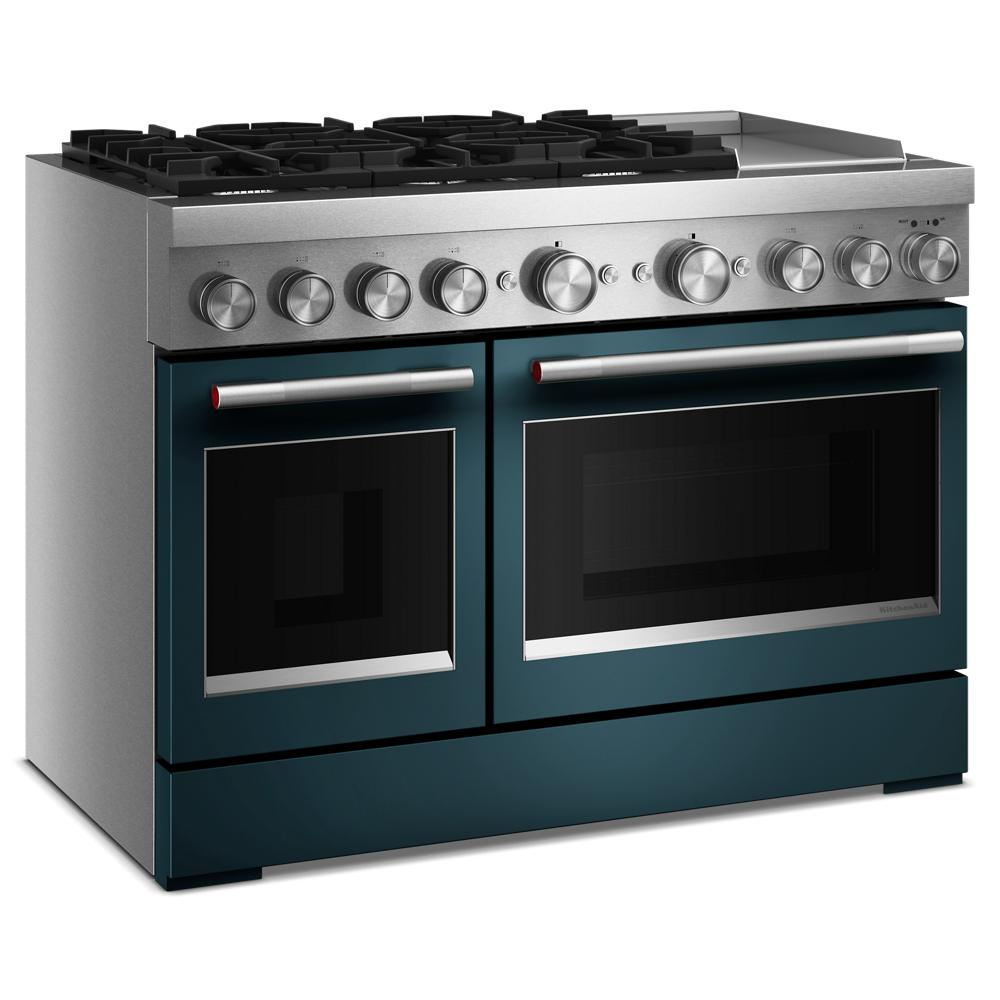 48-inch dual fuel range with six gas burners, electric double oven, and chrome griddle in blue and stainless steel