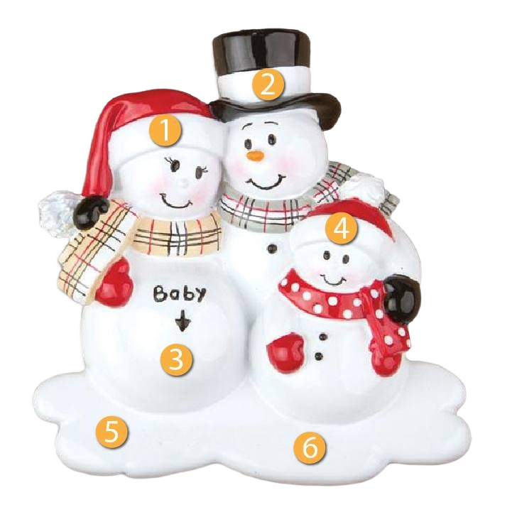Snowman family Christmas ornament with festive scarves and hats celebrating expecting one child under $50 collection