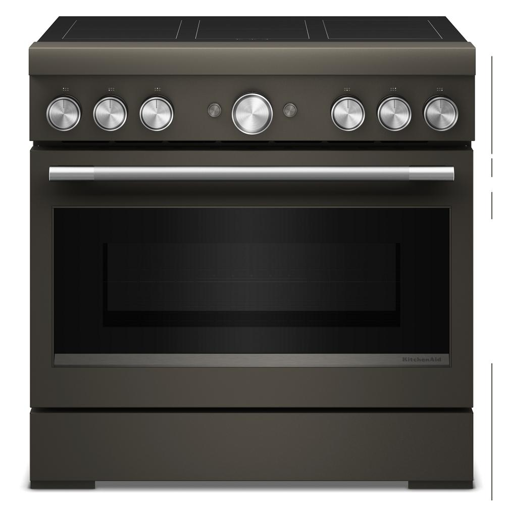 36-inch freestanding commercial-style induction range with six control knobs and large oven window in dark finish