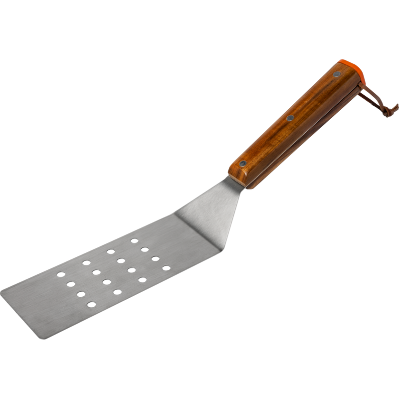 Metal spatula with perforated flat blade and wooden handle for grilling in outdoor living and grill accessories collections