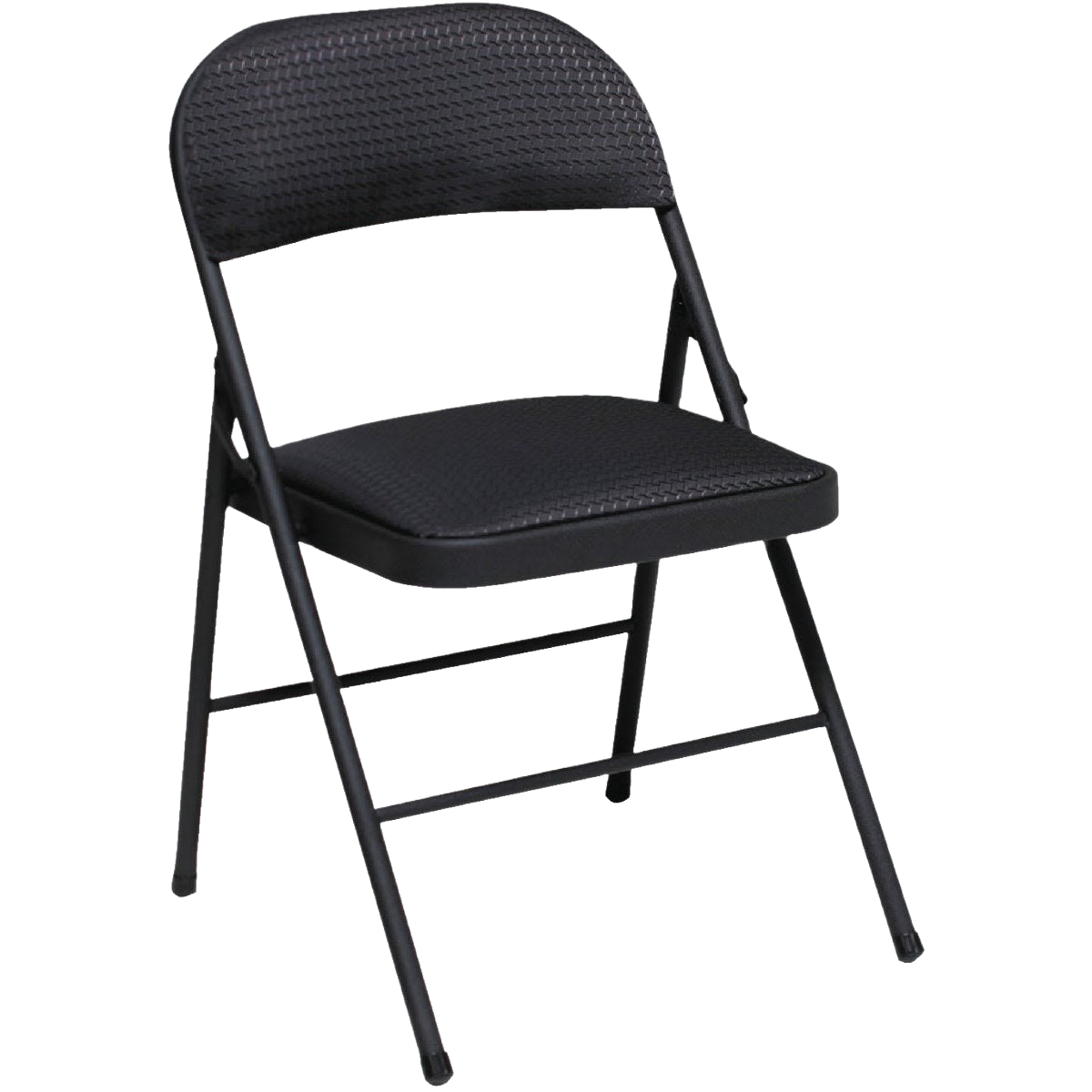 Black folding chair with fabric seat and backrest supported by a sturdy metal frame for versatile seating solutions