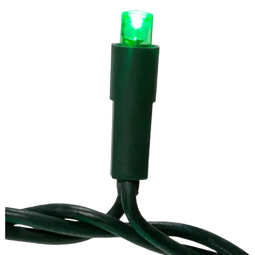 Single green LED bulb with dark green wiring from a Christmas Lights set under $50 for holiday decorating