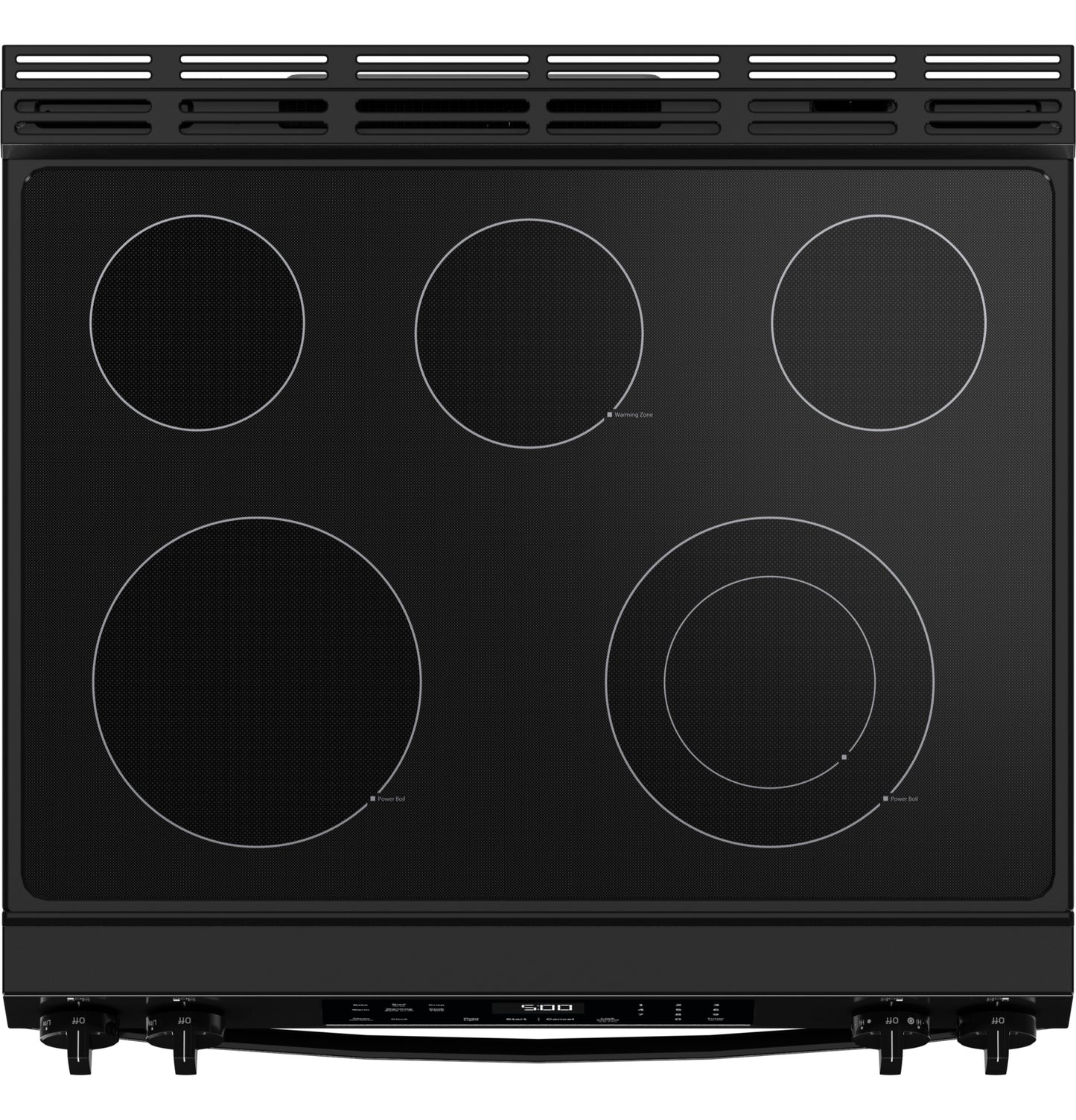 Black smooth-top electric slide-in range with five burners and digital control panel from Electric Ranges collections