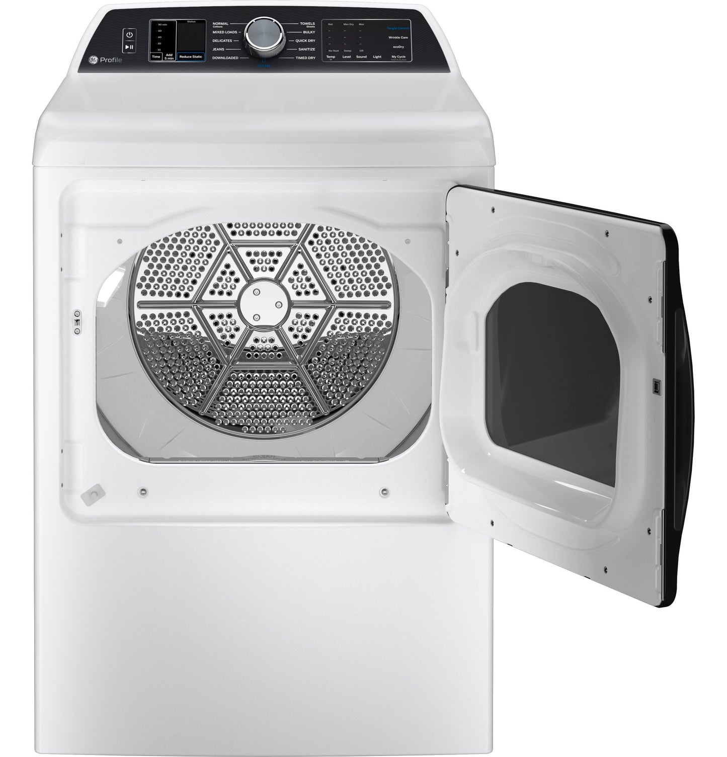 White smart electric dryer with aluminized alloy drum, open door, and digital control panel from Dryers and Appliances collections