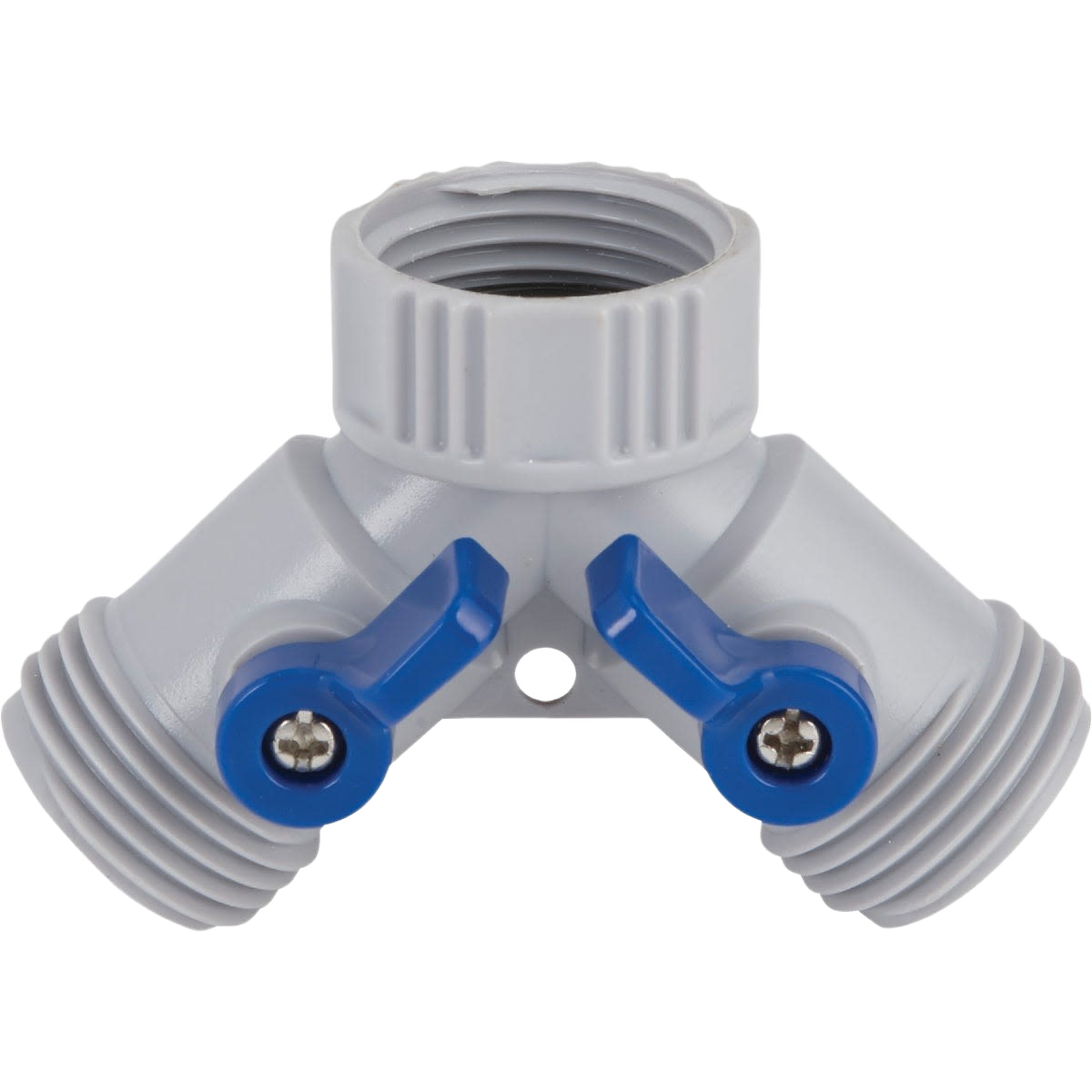 Gray poly Y-connector hose splitter with two blue shutoff valves for garden and outdoor water control tasks