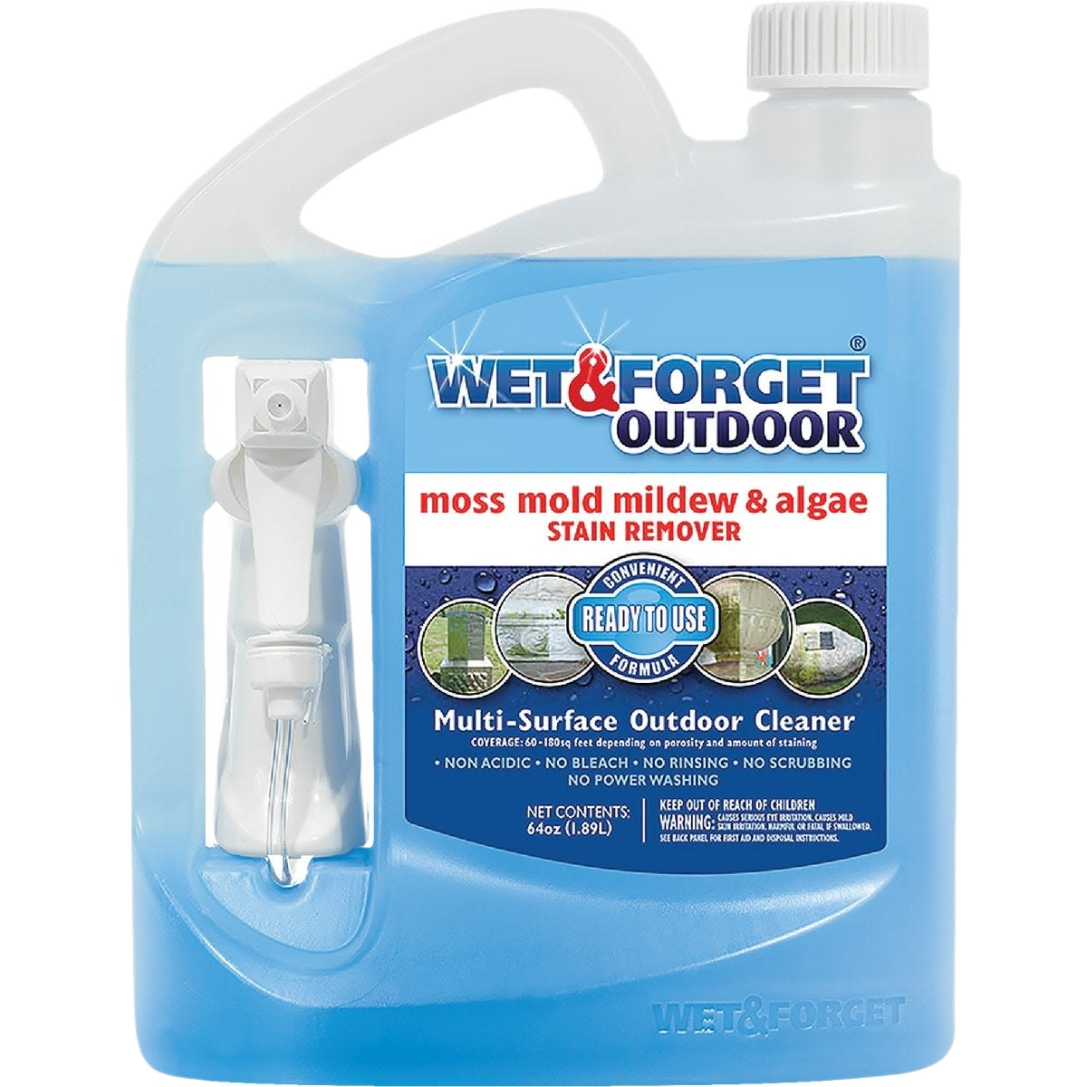 64 oz. blue multi-surface outdoor stain remover with spray nozzle, designed for moss, mold, mildew, and algae cleaning in Cleaning Supplies and Mold & Mildew Remover collections.