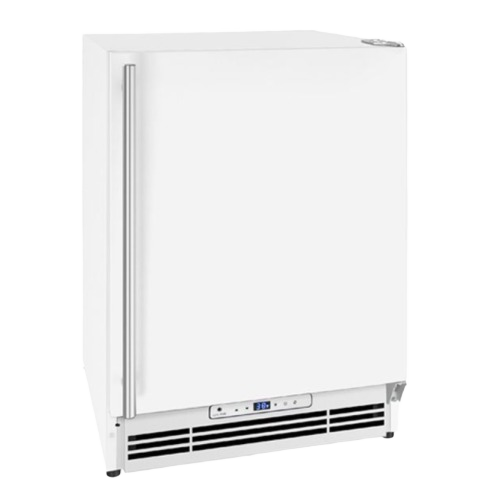 Compact white undercounter refrigerator with built-in ice maker and reversible door hinge for home improvement use