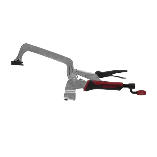Metal bench clamp with red and black handle for securing workpieces in tools and home improvement projects