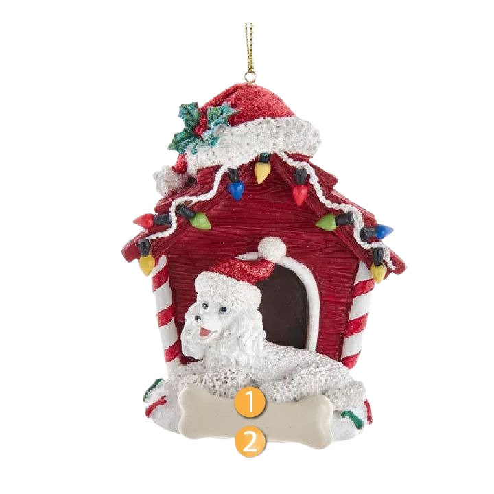 Festive red dog house ornament with white poodle and colorful Christmas lights for holiday tree decor under $50