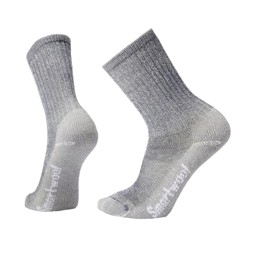 Pair of light gray cushioned crew socks designed for hiking and outdoor activities under $50 in clothing and accessories