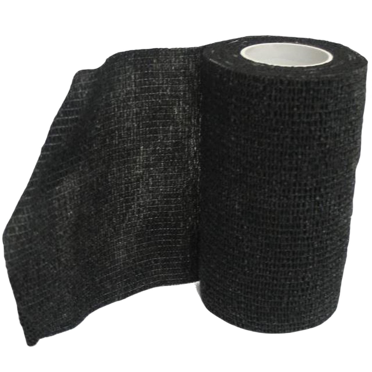Black flexible cohesive bandage roll designed for secure animal care and home improvement applications