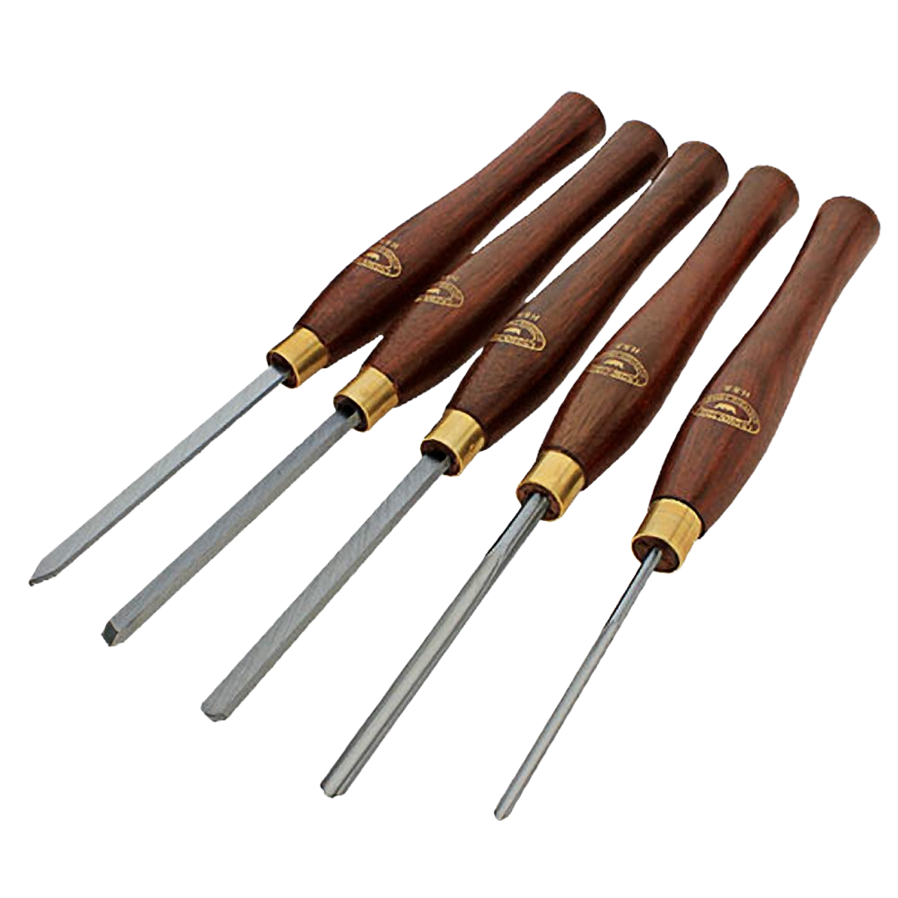 Set of five miniature woodturning tools with wooden handles and brass ferrules for precision woodworking tasks