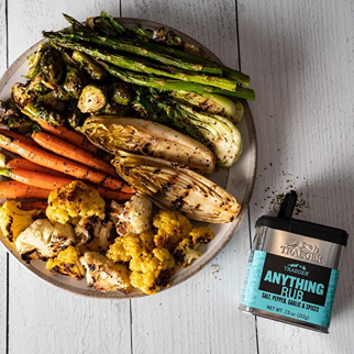 Grilled mixed vegetables on a plate seasoned with Traeger Anything Rub for enhanced flavor and cooking use