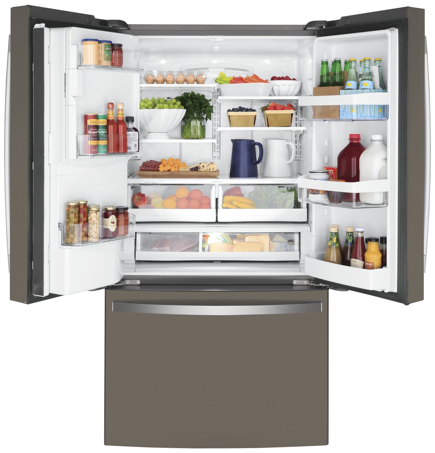 Open counter-depth French-door refrigerator with organized fresh food and beverages in appliances collection