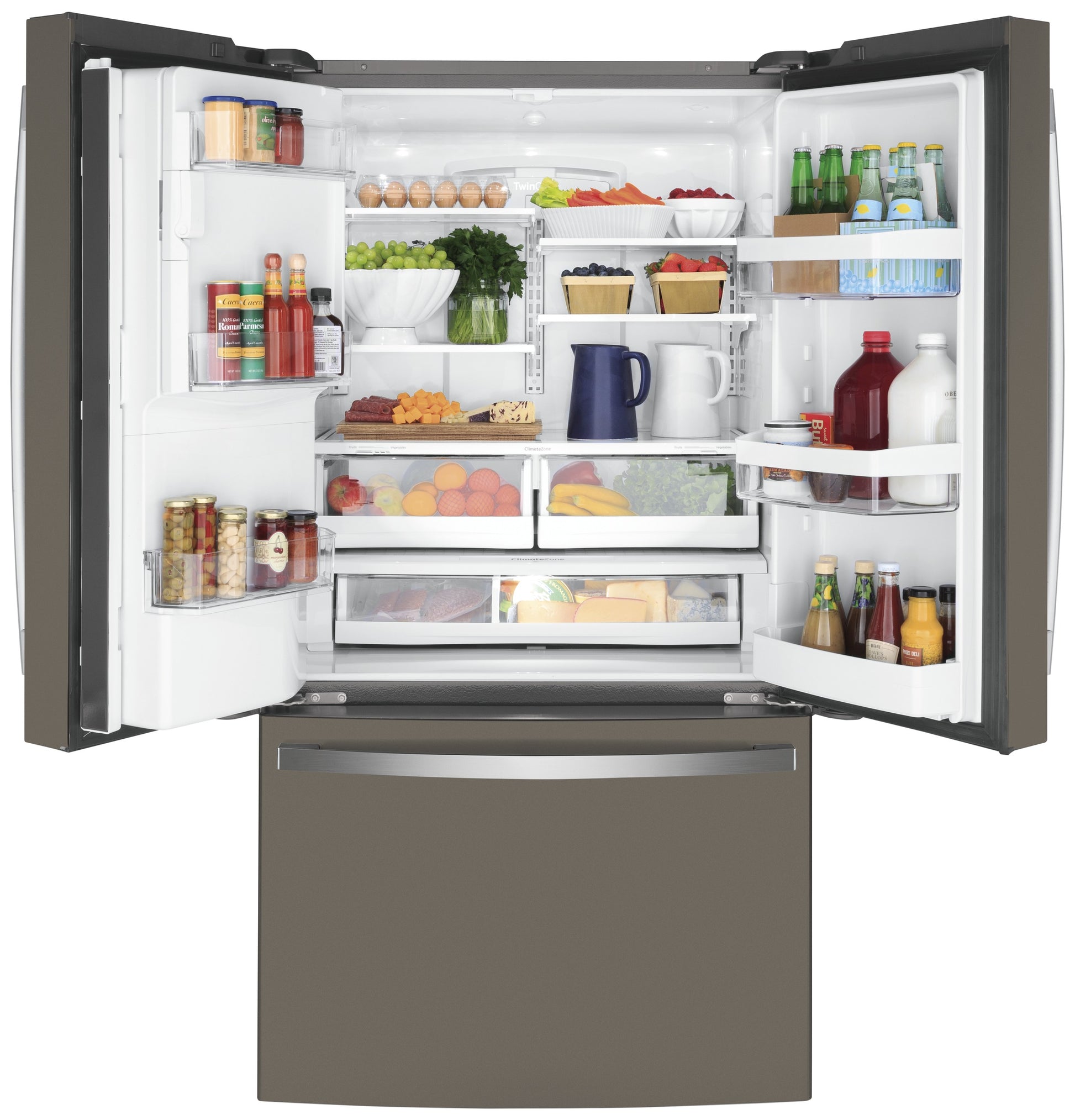 Open counter-depth French-door refrigerator with organized fresh food and beverages in appliances collection