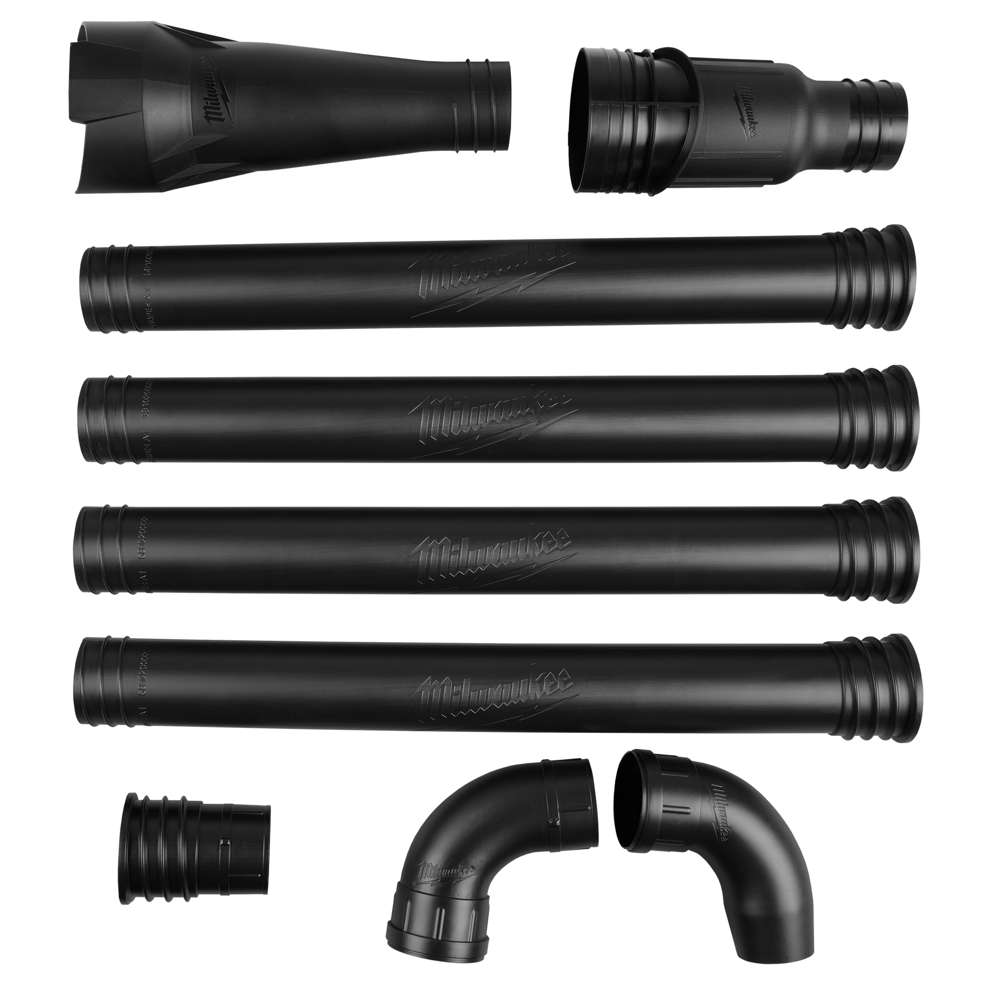 Set of black tubular gutter cleaning attachments and connectors designed for use with Milwaukee tools in home improvement.