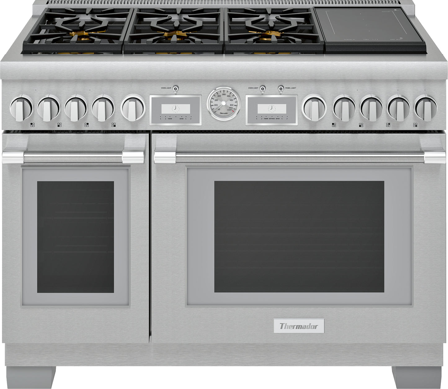 Stainless steel dual fuel range with six gas burners, induction cooktop, dual ovens, and control knobs from Ranges collection