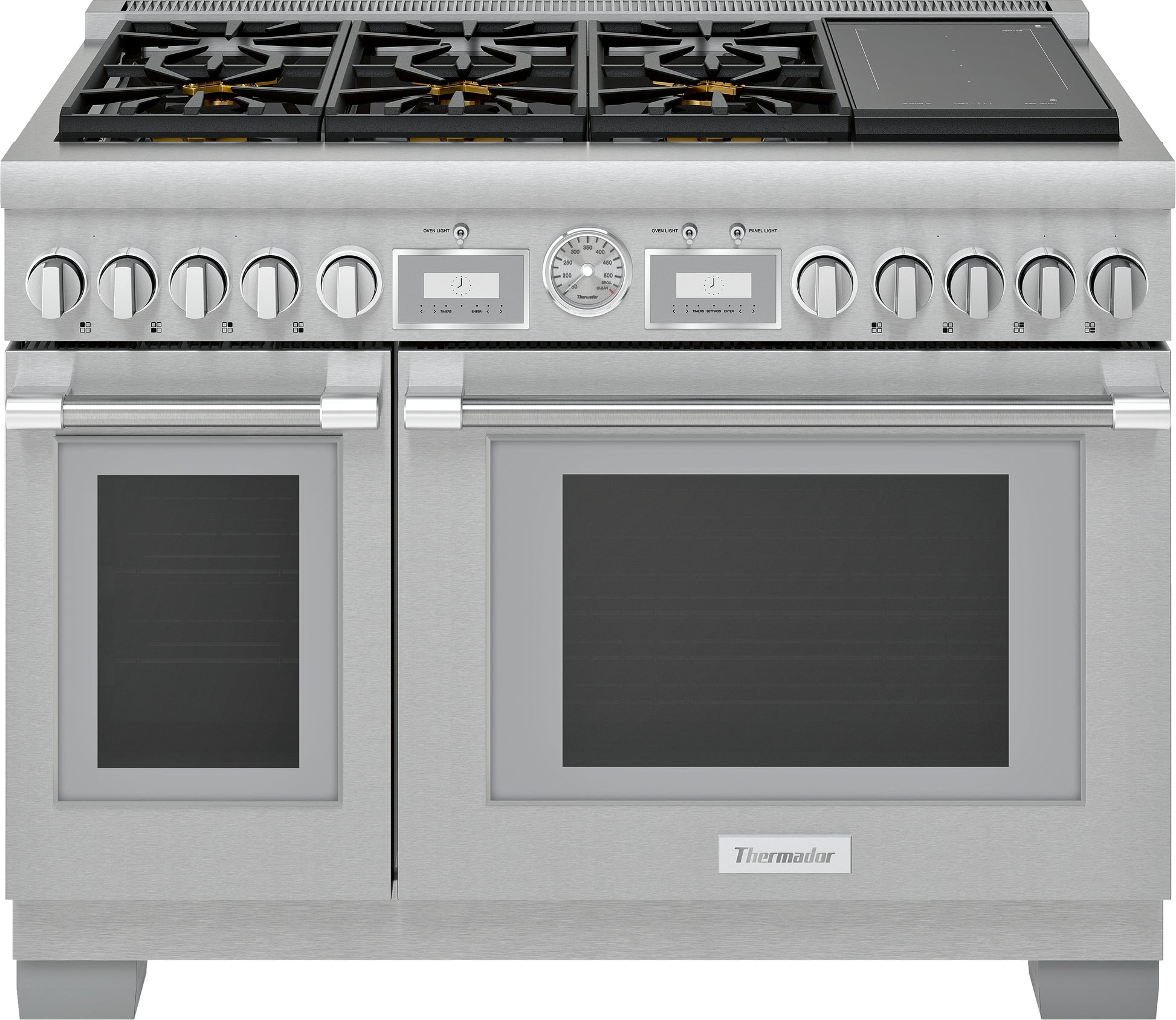 Stainless steel dual fuel range with six gas burners, induction cooktop, dual ovens, and control knobs from Ranges collection