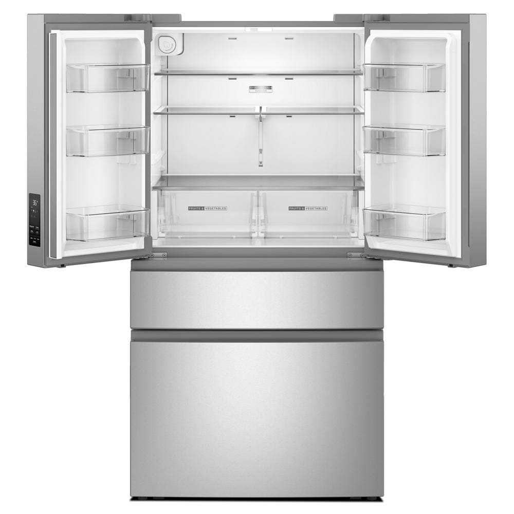 French door refrigerator with spacious interior, adjustable shelves, multiple door bins, and dual bottom freezer drawers in stainless steel finish