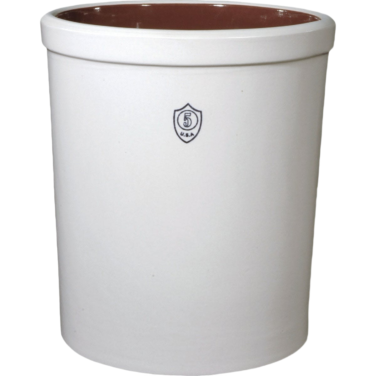 White ceramic 5-gallon stoneware crock with brown interior and small emblem for home improvement use