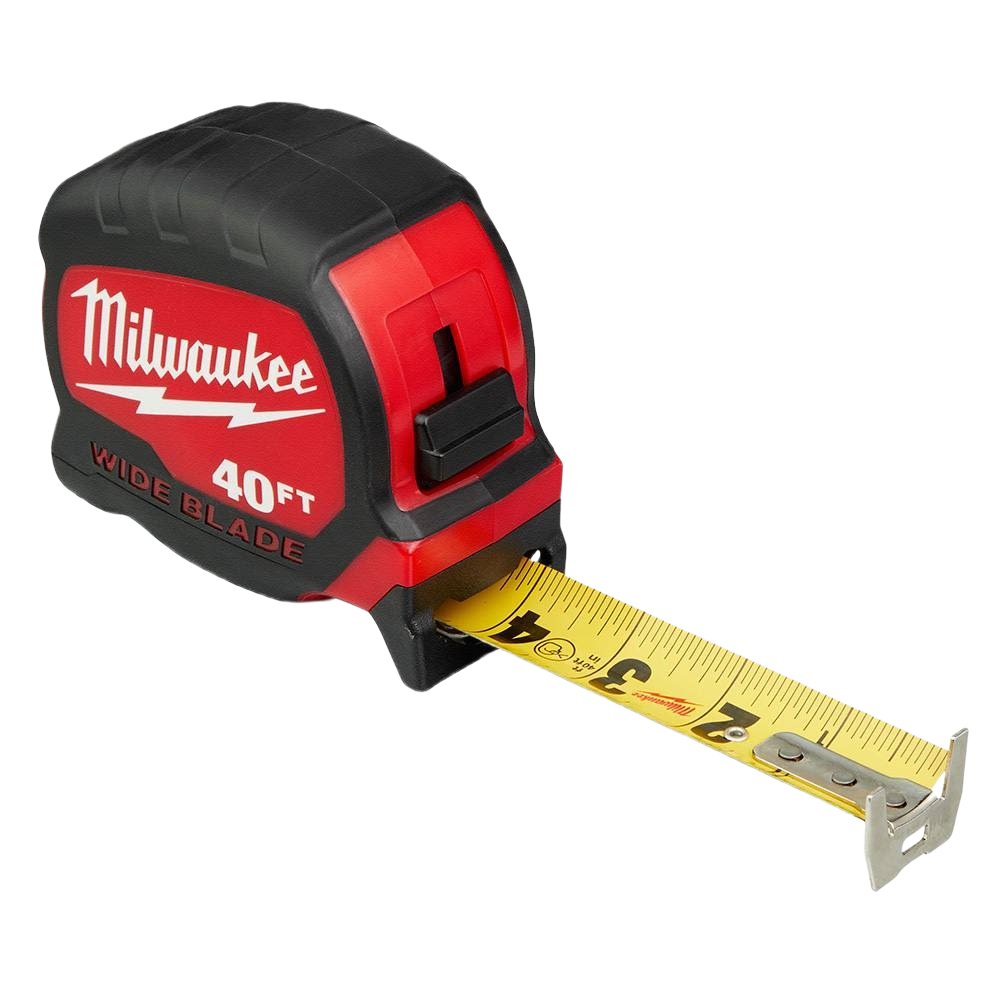 Compact red and black measuring tape with a wide 40-foot blade for precise woodworking and home improvement tasks