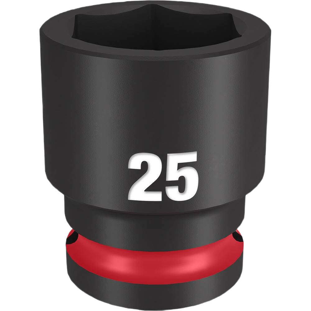 Black impact duty 25-mm six-point socket with red ring for secure attachment in tools and home improvement use