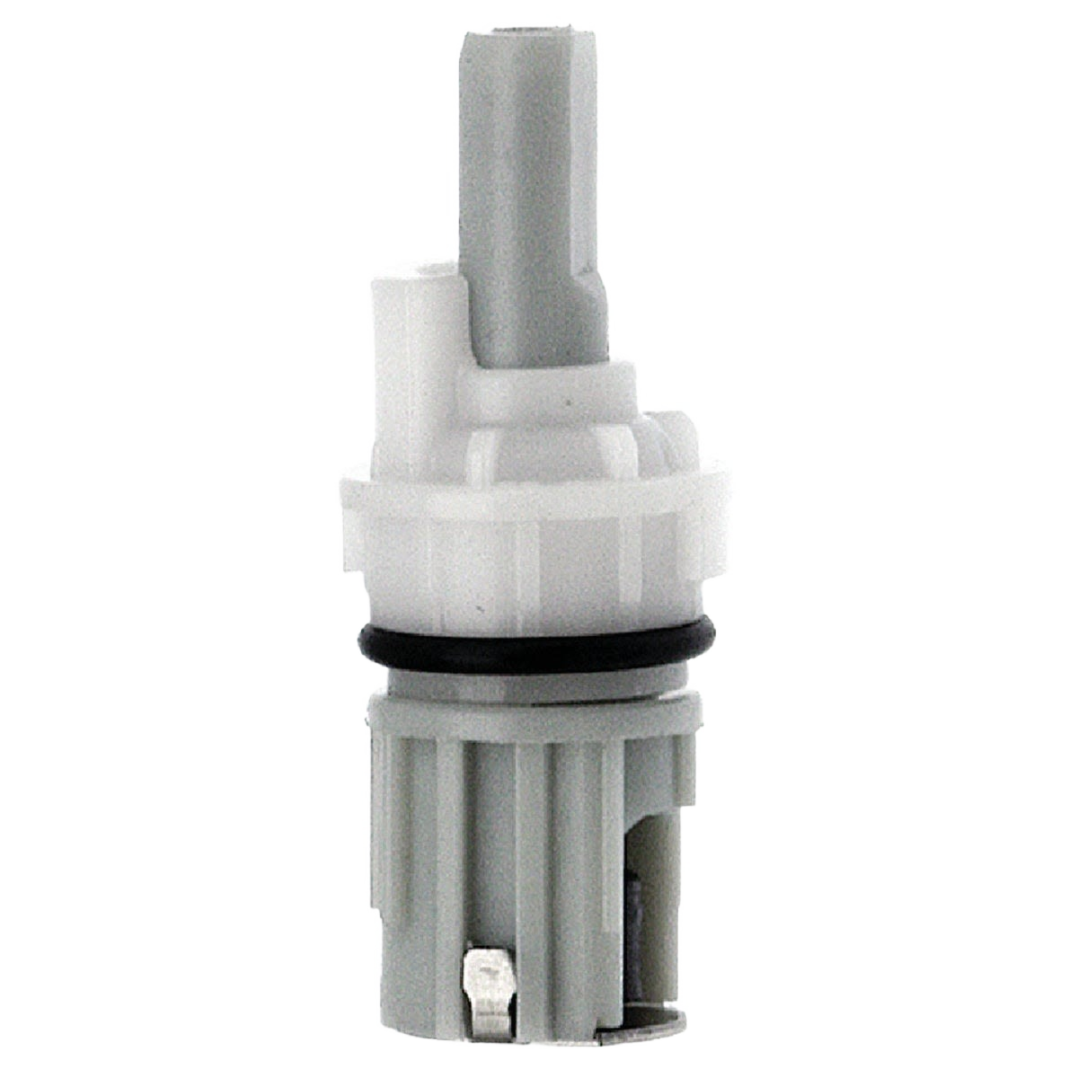 Plastic replacement stem with gray and white components for plumbing fixture repair in home improvement tasks