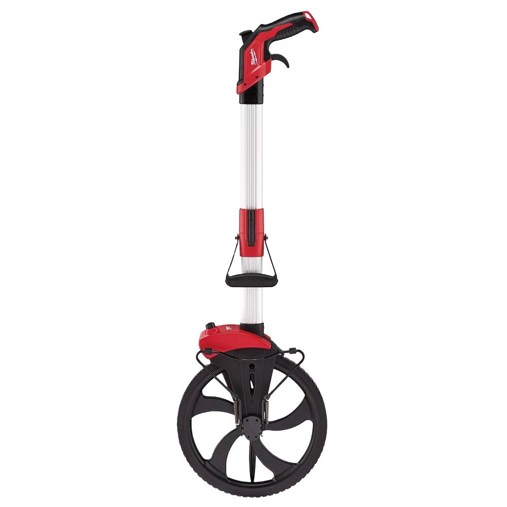 Red and silver digital measuring wheel with large black wheel and ergonomic handle for measuring tools collection