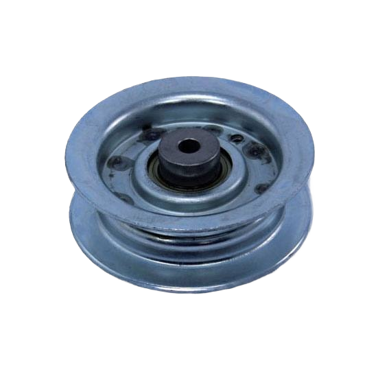 Flat metal idler pulley with central bearing for agricultural equipment and home improvement tool applications