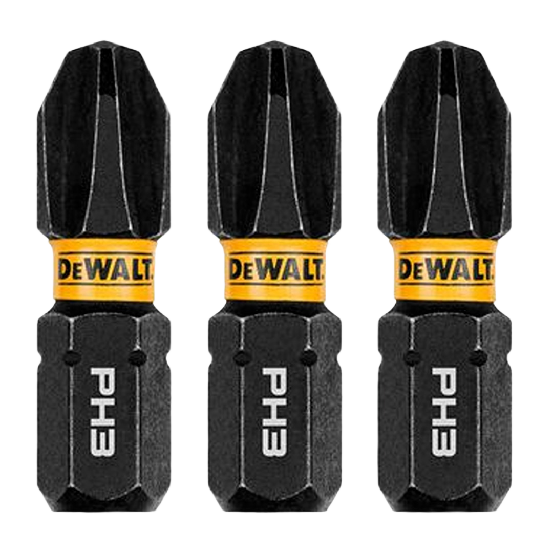 Set of three black and yellow DEWALT Phillips #3 drill bits for use with power tool accessories and home improvement tasks