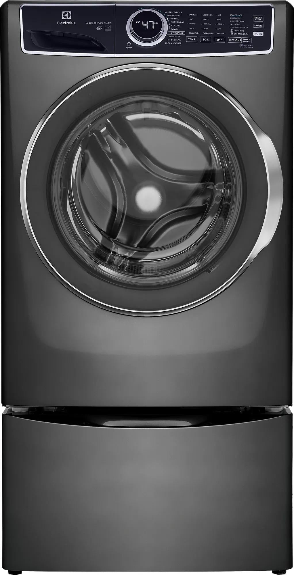 Dark gray front load washer with digital display and pedestal drawer in front load washers and appliances collection
