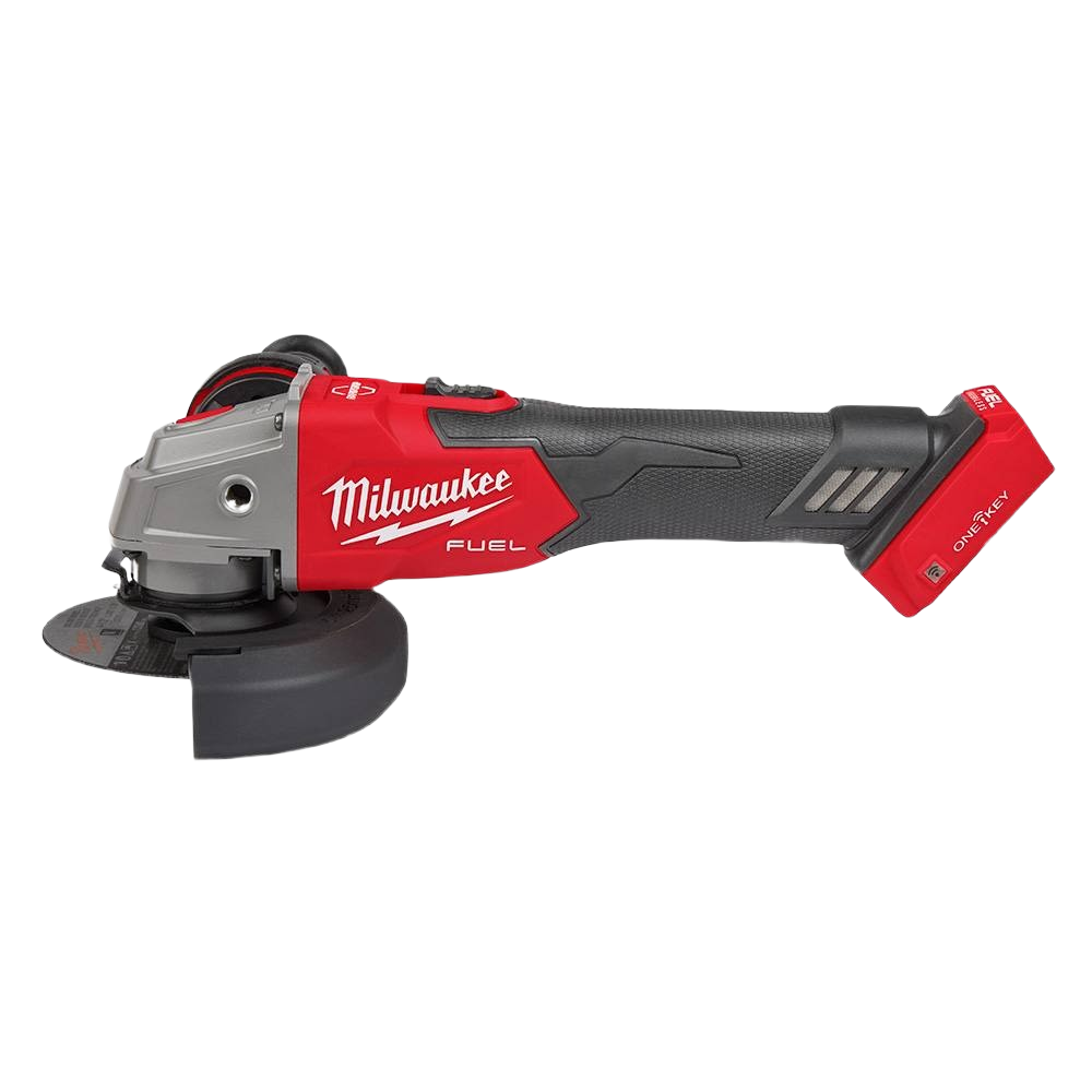 Cordless red and black braking grinder with ergonomic handle and ONE-KEY™ slide switch for home improvement tasks