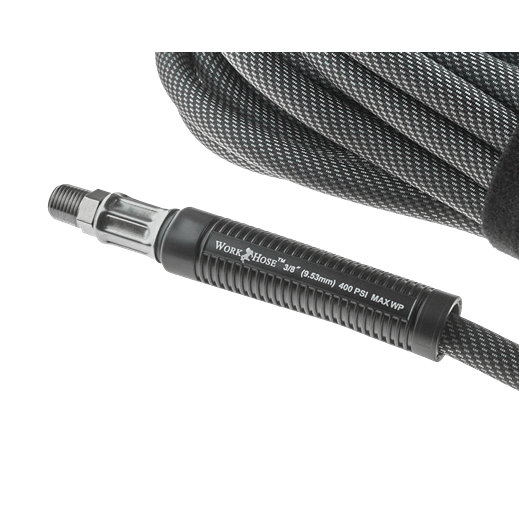Flexible black 3/8 inch high-pressure air hose with threaded metal connector for use in Air Tools & Accessories.