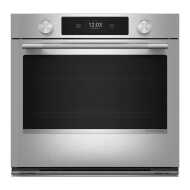 Front view of a stainless steel 30-inch smart electric single wall oven with digital display and control knobs, part of KitchenAid single wall ovens, wall ovens, kitchenware, and appliances collections for home improvement.