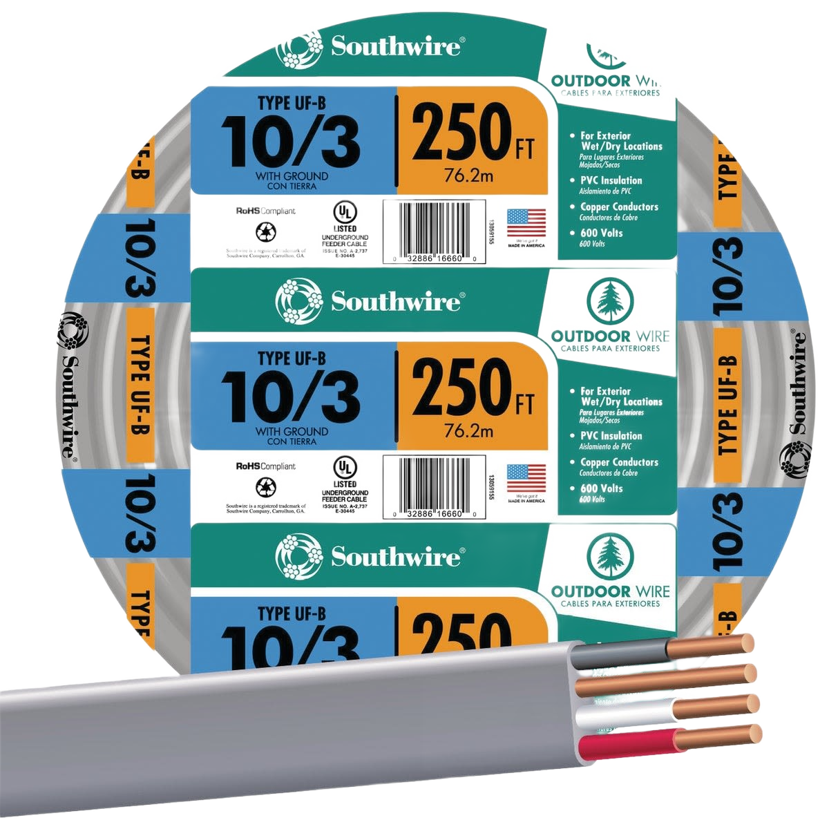 Spool of outdoor-rated gray cable labeled 10/3 with ground, showing copper conductors and product details for home use
