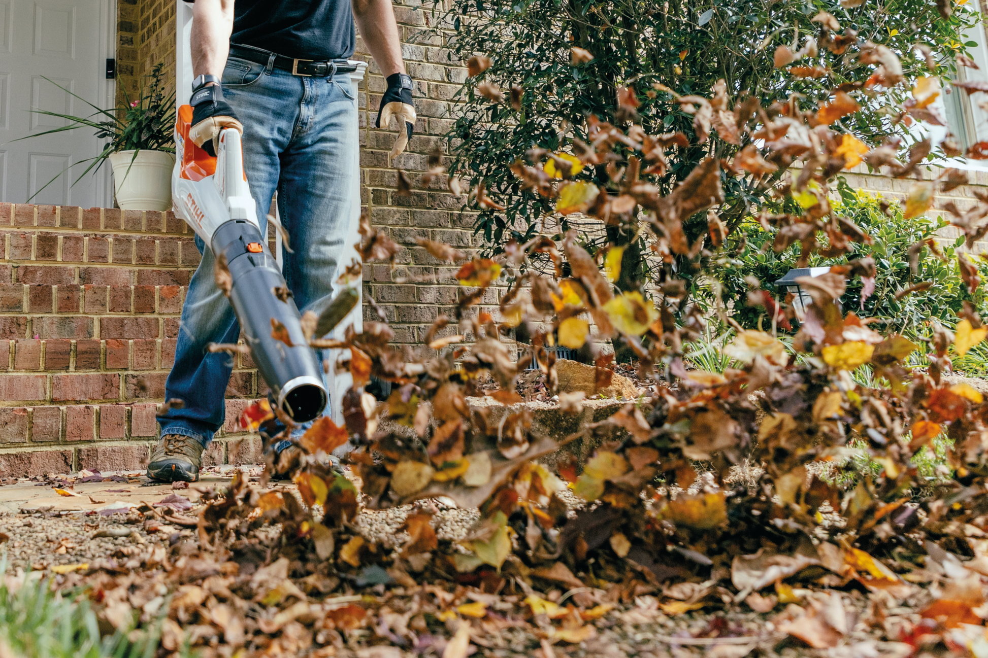 Person using an orange and white STIHL battery handheld blower to clear dry leaves from a front yard path during home improvement tasks