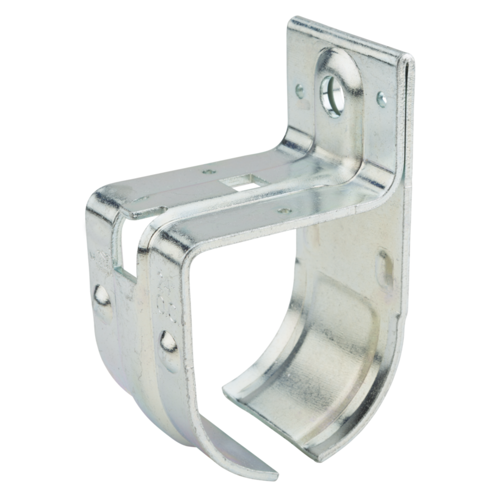Zinc-plated metal bracket designed to mount a single round rail for barn door hardware and home improvement projects