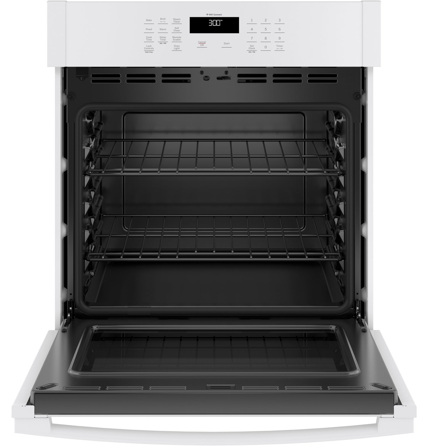 White built-in single wall oven with two racks, digital display, and sleek design from Kitchen & Kitchenware collection