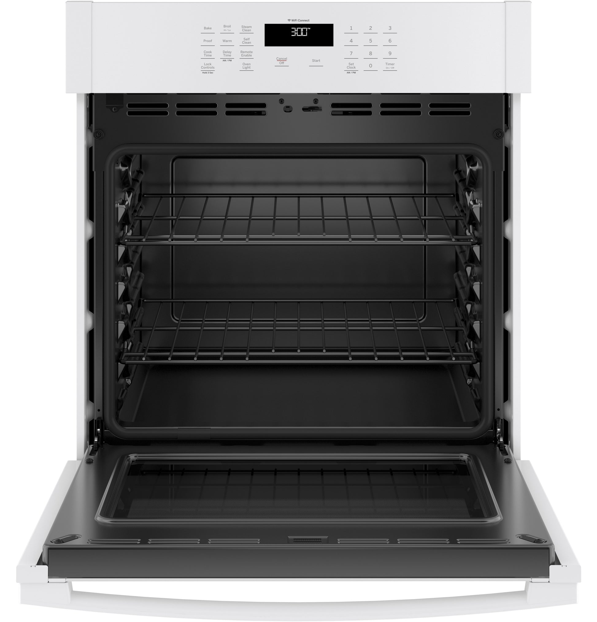 White built-in single wall oven with two racks, digital display, and sleek design from Kitchen & Kitchenware collection